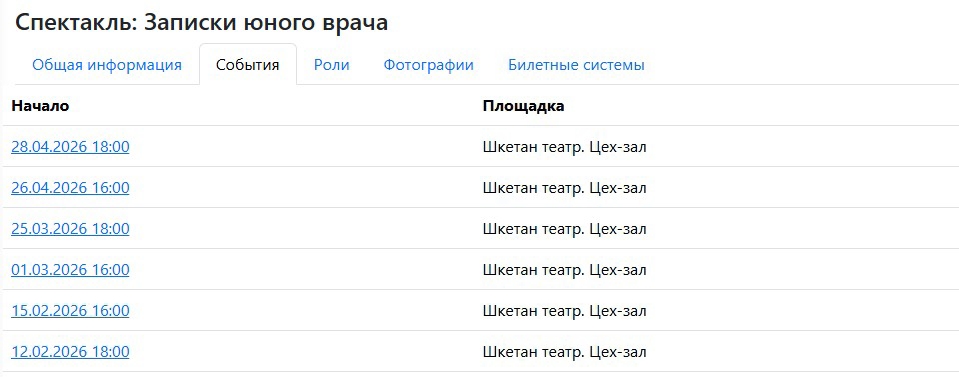 История показов спектакля в личном кабинете Playlio